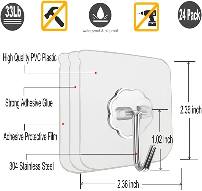 Large Transparent Adhesive Hooks for Hanging Heavy Duty 22lb