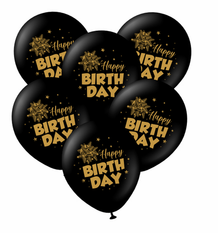 Kalisan 12" Happy Birthday Bow Black Printed Gold Latex Balloon, 25 pieces