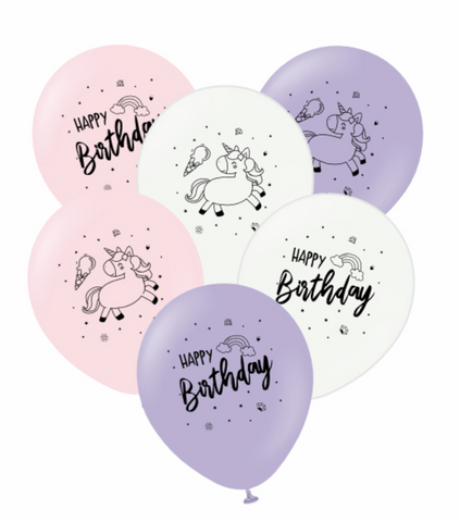 Kalisan 12" Happy Birthday Unicorn printed Mix balloons in 3 colors, Latex Balloon, 25 pieces