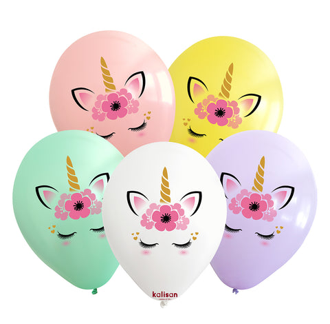 Kalisan 12" Colorful Unicorn printed balloons in 5 assorted different colors, Latex Balloon, 25 pieces