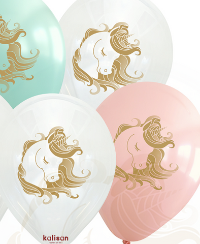 Kalisan 12" Unicorn printed balloons in assorted colors print gold, Latex Balloon, 25 pieces