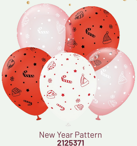 Kalisan 12" Christmas Pattern Mix Printed White/Black/Red Latex Balloon, 25 pieces