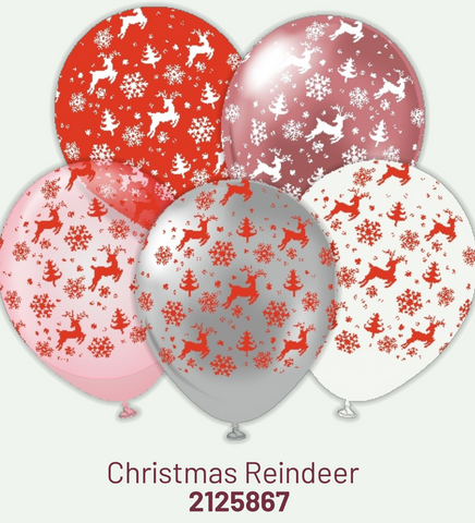 Kalisan 12" Christmas Reindeer Mix Printed White/Red Latex Balloon, 25 pieces