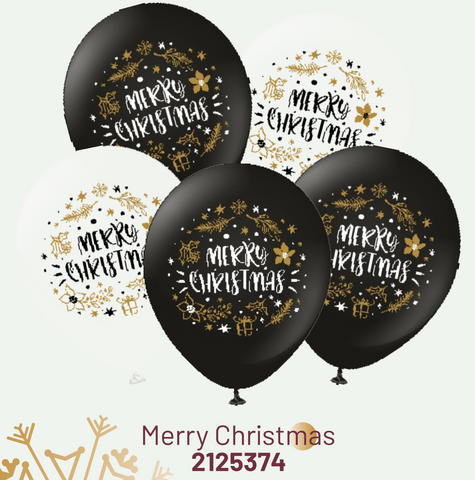Kalisan 12" Merry Christmas Printed Black/White Latex Balloon, 25 pieces