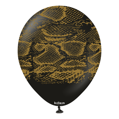 Kalisan 12" Snake Printed Standard Black (Gold) Latex Balloon, 25 pieces