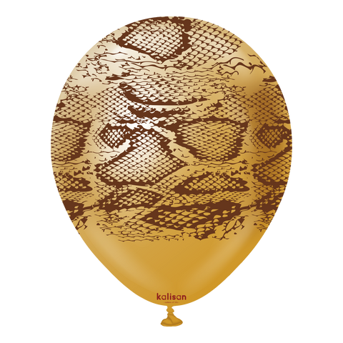 Kalisan 12" Snake Printed Mirror Gold (Print color: Dark Brown) Latex Balloon, 25 pieces