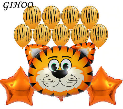 12 pcs Tiger set balloons, One  25*16" Tiger Head,  Two 18" Star, and  9 12inch Tiger printed, Latex Helium