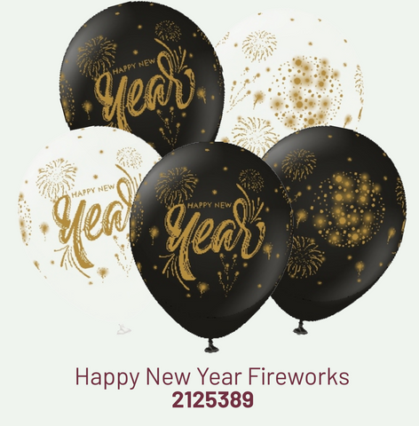 Kalisan 12" Happy New Year Fireworks Printed Black/White Latex Balloon, 25 pieces